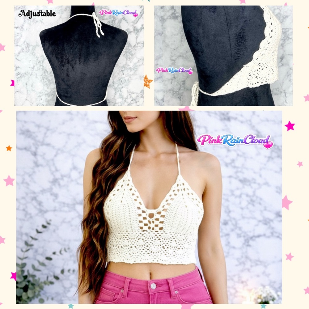 Handmade Crochet Halter Crop Top 100% Cotton Bralette XS-S PinkRainCloud